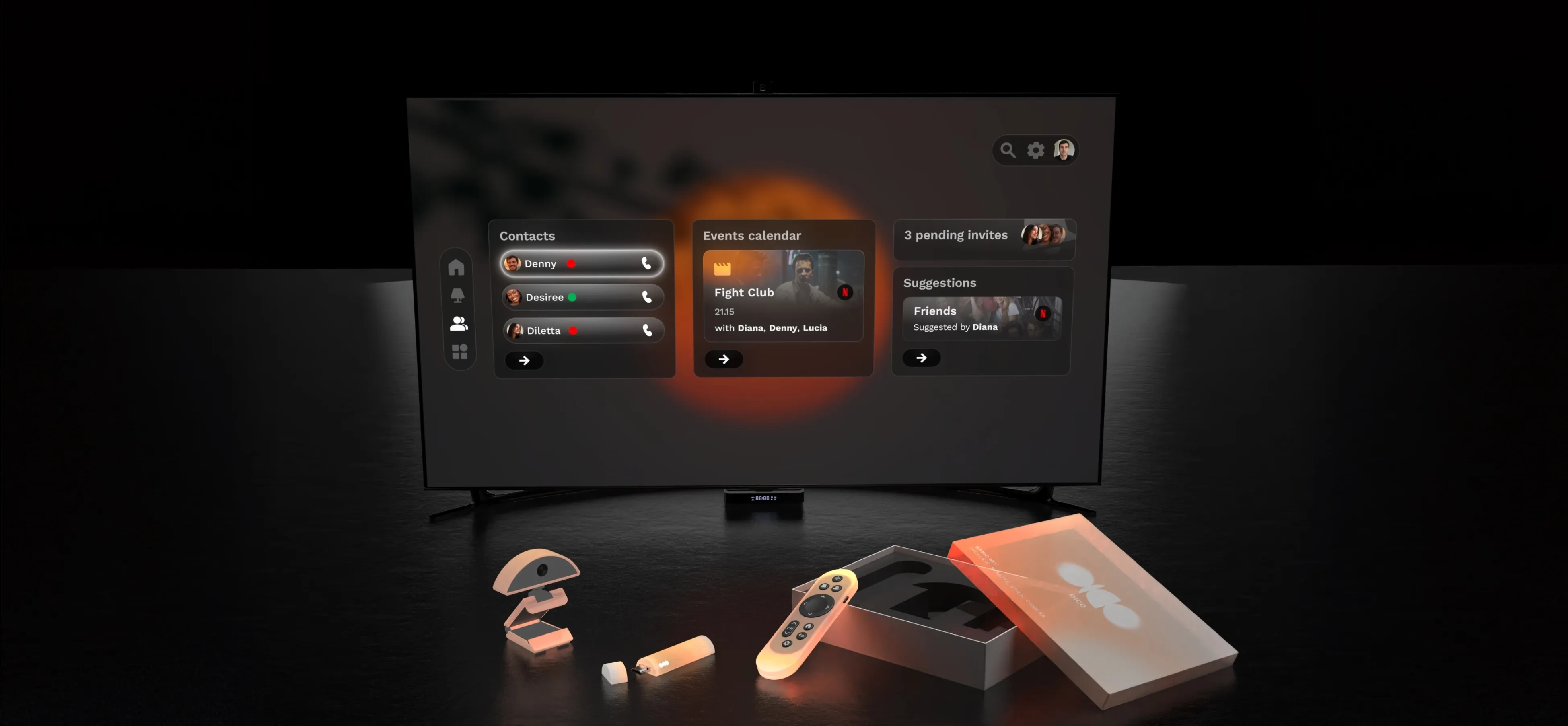 Ambientazione con TV OICO, telecomando e accessori smart home
