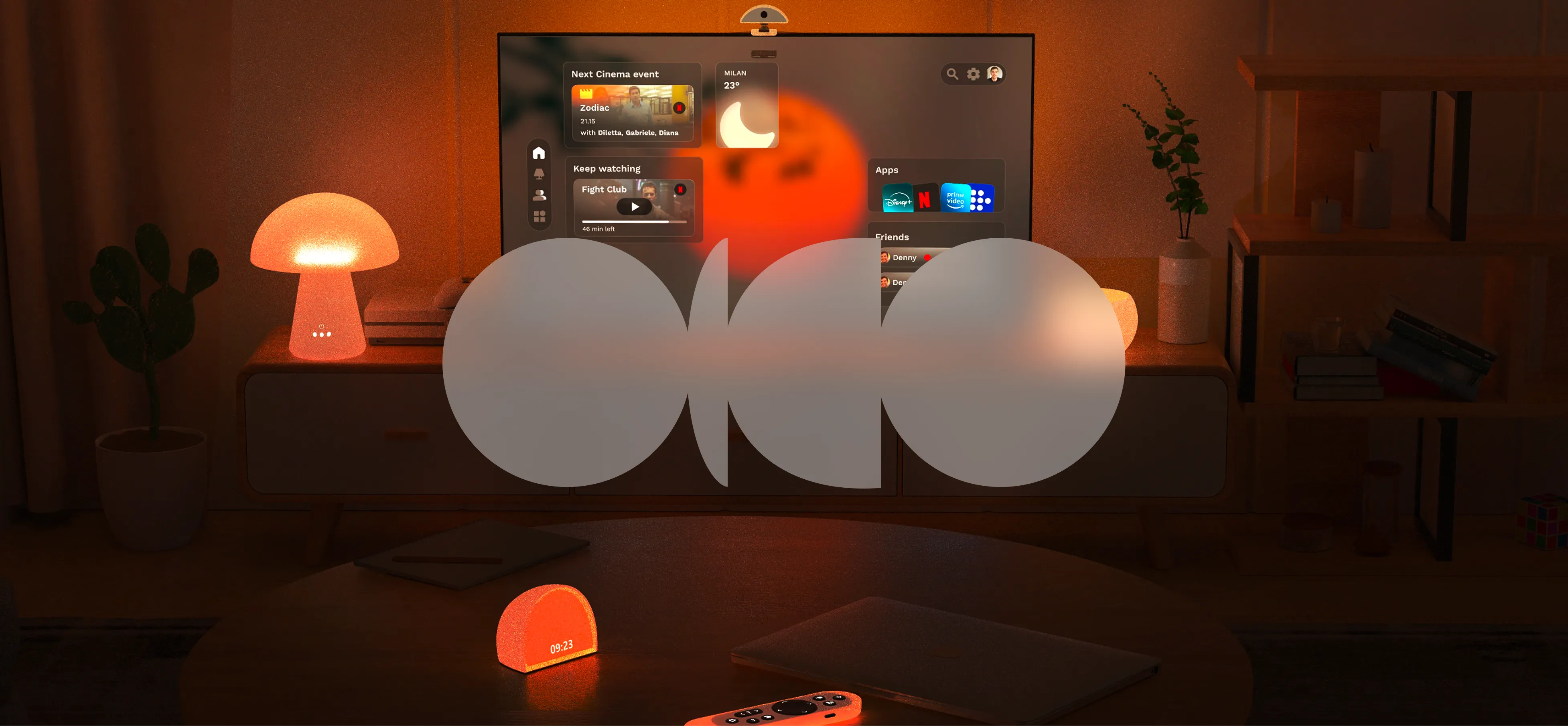 Ambientazione con TV OICO, telecomando e accessori smart home